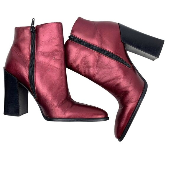 Vintage BAKERS Leather Metallic Maroon Red high Ladies Ankle Boots Size 5.5B 90s - Picture 3 of 9
